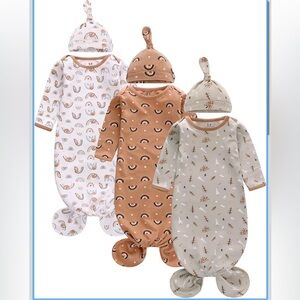 Baby Infant Knotted Nightgown Long Sleeve with Matching Hat Set 3 Pack Size 3-6
